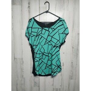 Espresso Blue Black Geometric Pattern Short Sleeve Blouse Large